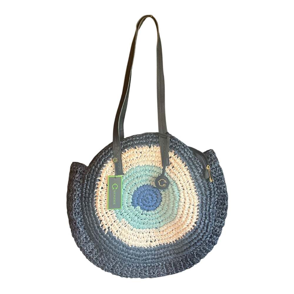 C. Wonder Haven Round Circle Straw Tote Navy Evil Eye Beach Bag